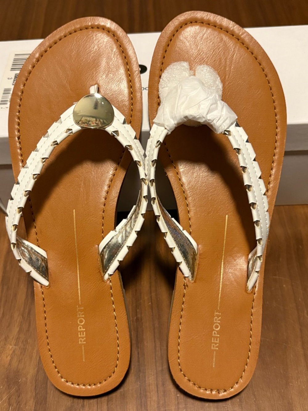 REPORT White Braided Thong Sandals with Metallic Accents